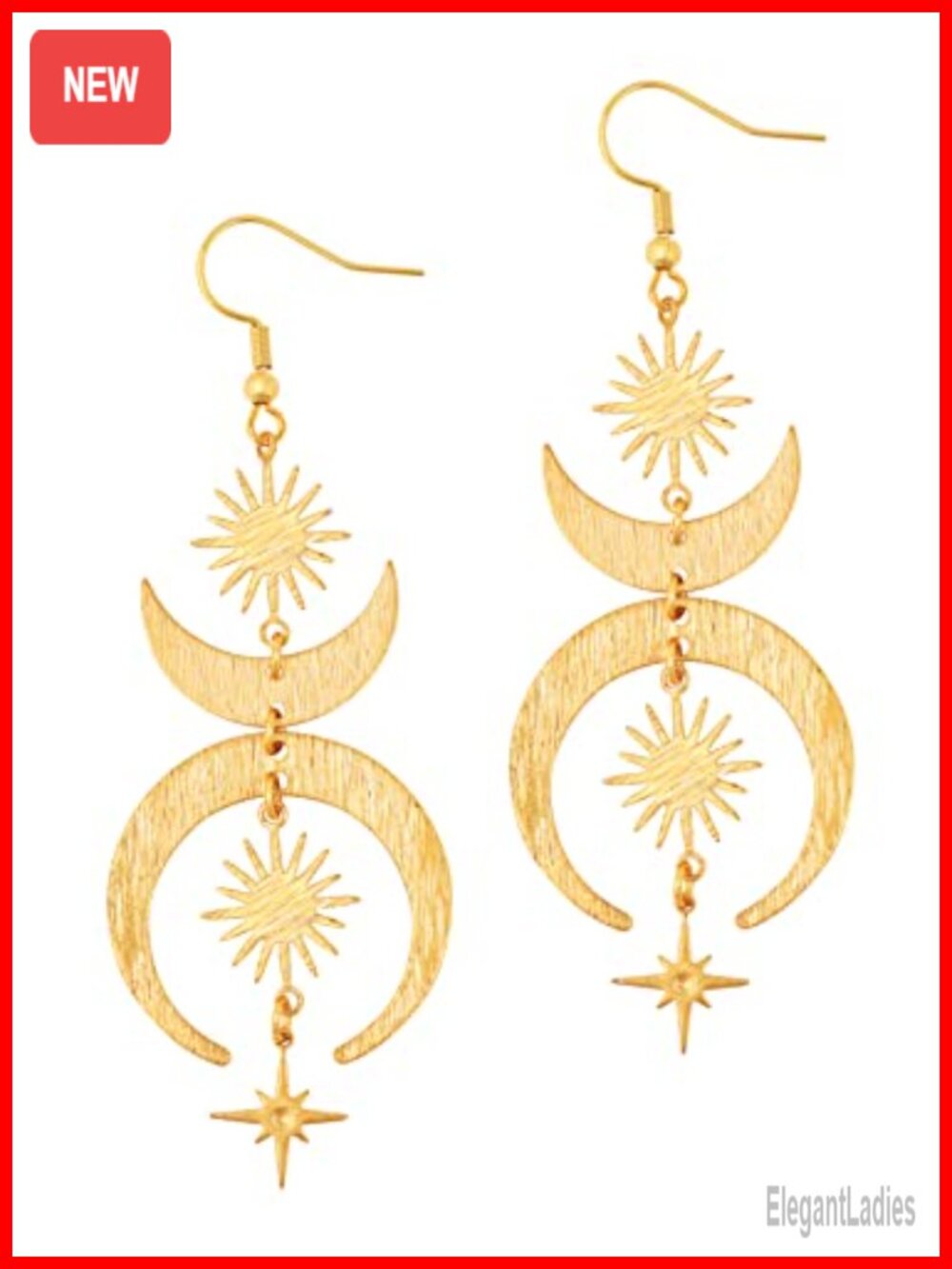 Copper Sun Moon Star Dangle Earrings Gothic Boho Jewelry Gift for Women